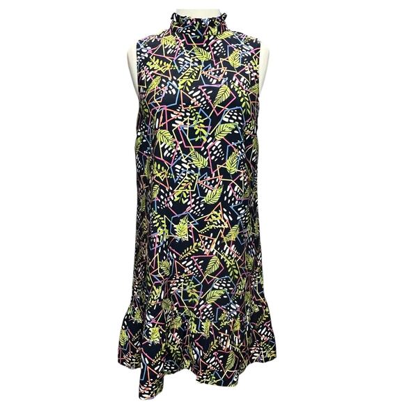 THML Dress S Blue Green Floral Geo Sleeveless Ruffle Neck Peplum Hem Boho Chic - Picture 2 of 14